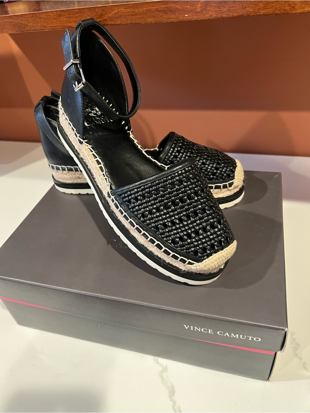 Vince Camuto Black Woven Espadrille Ankle-Strap Platforms